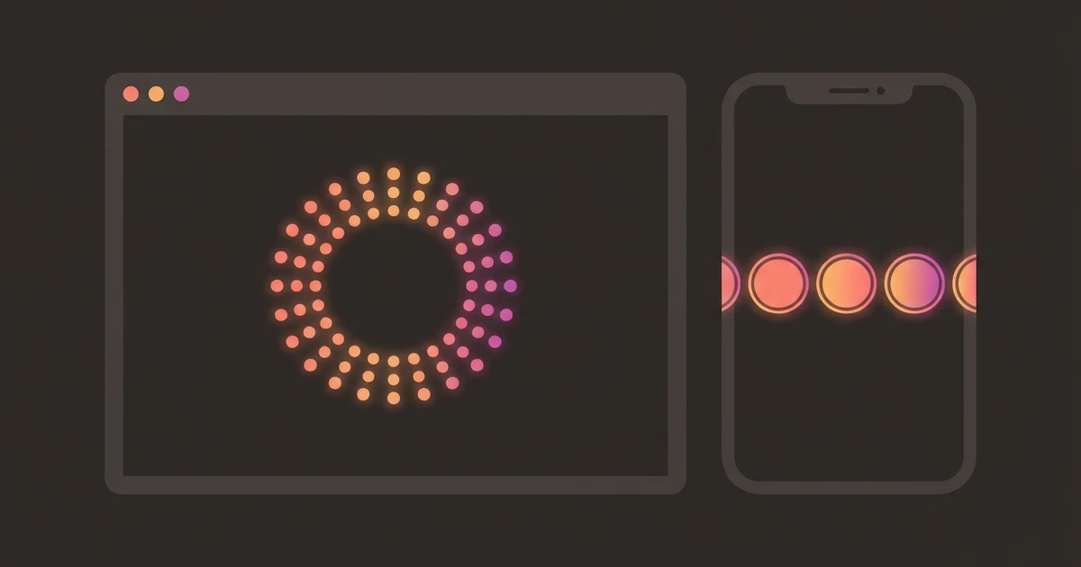 A browser window with an endless loading ring next to a phone showing a row of story circles