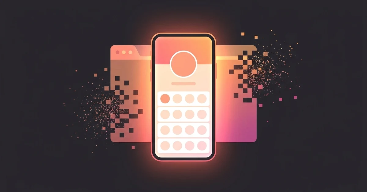 A phone with a profile list in front of a website window breaking apart into pixels