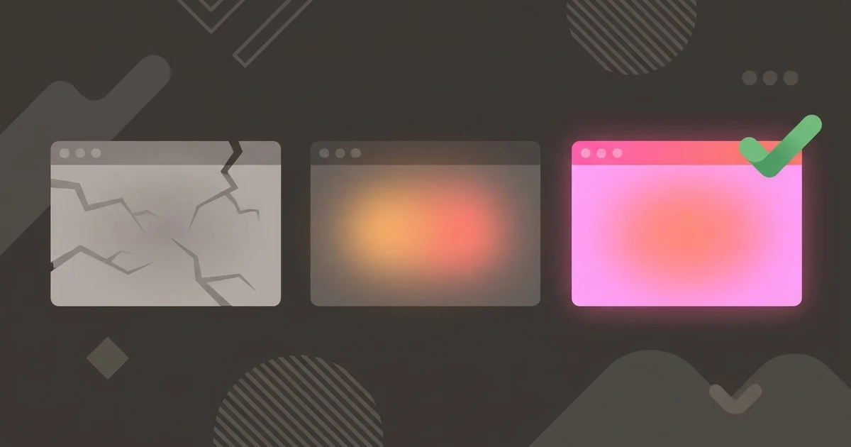 Three website cards side by side, one cracked and grey, one dim, one bright with a check mark