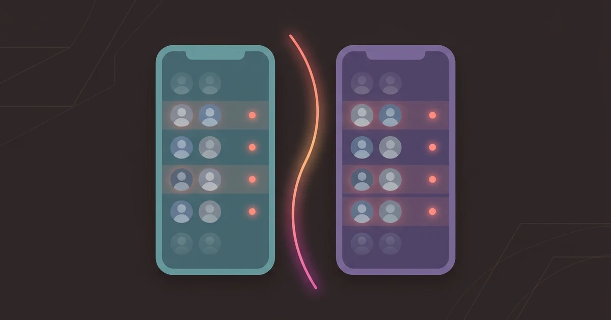 Two phones side by side, each showing a list of profiles with a few rows marked as new